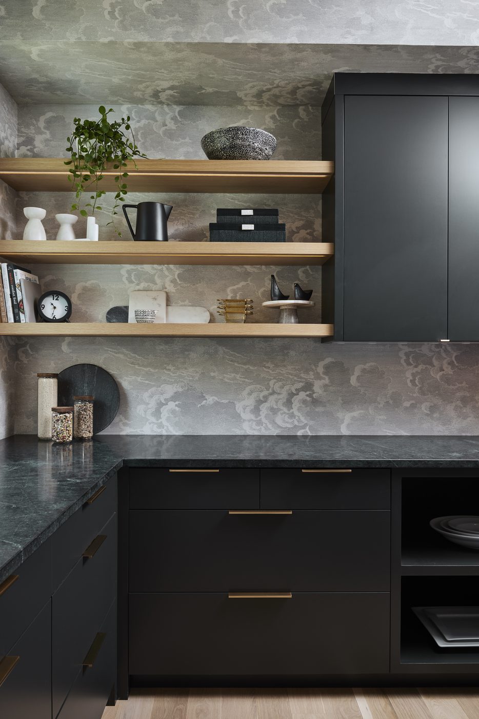Black scullery cabinets with open shelving