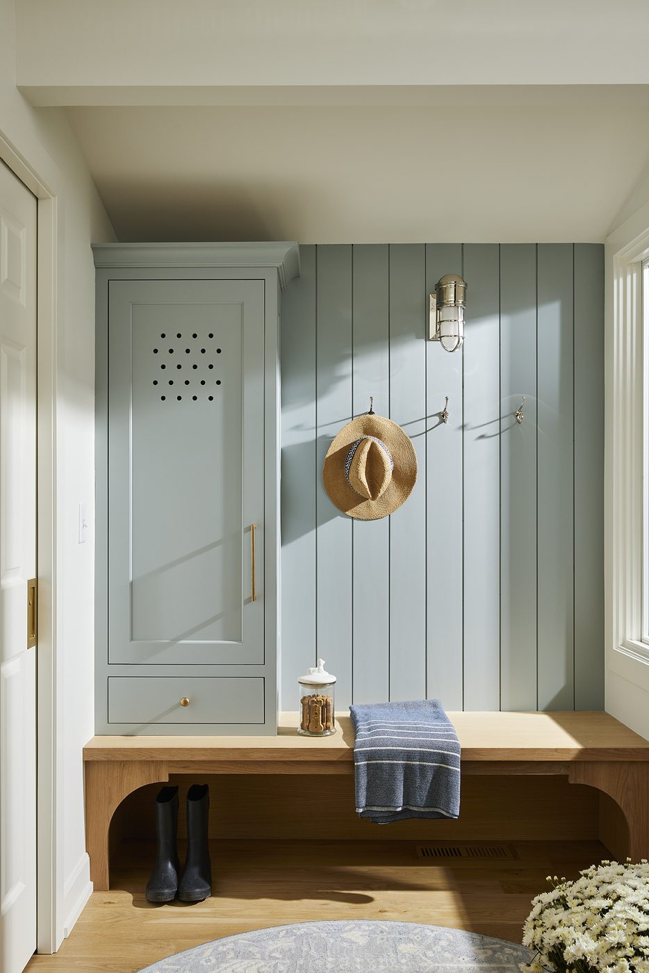 Painted mudroom locker with bench