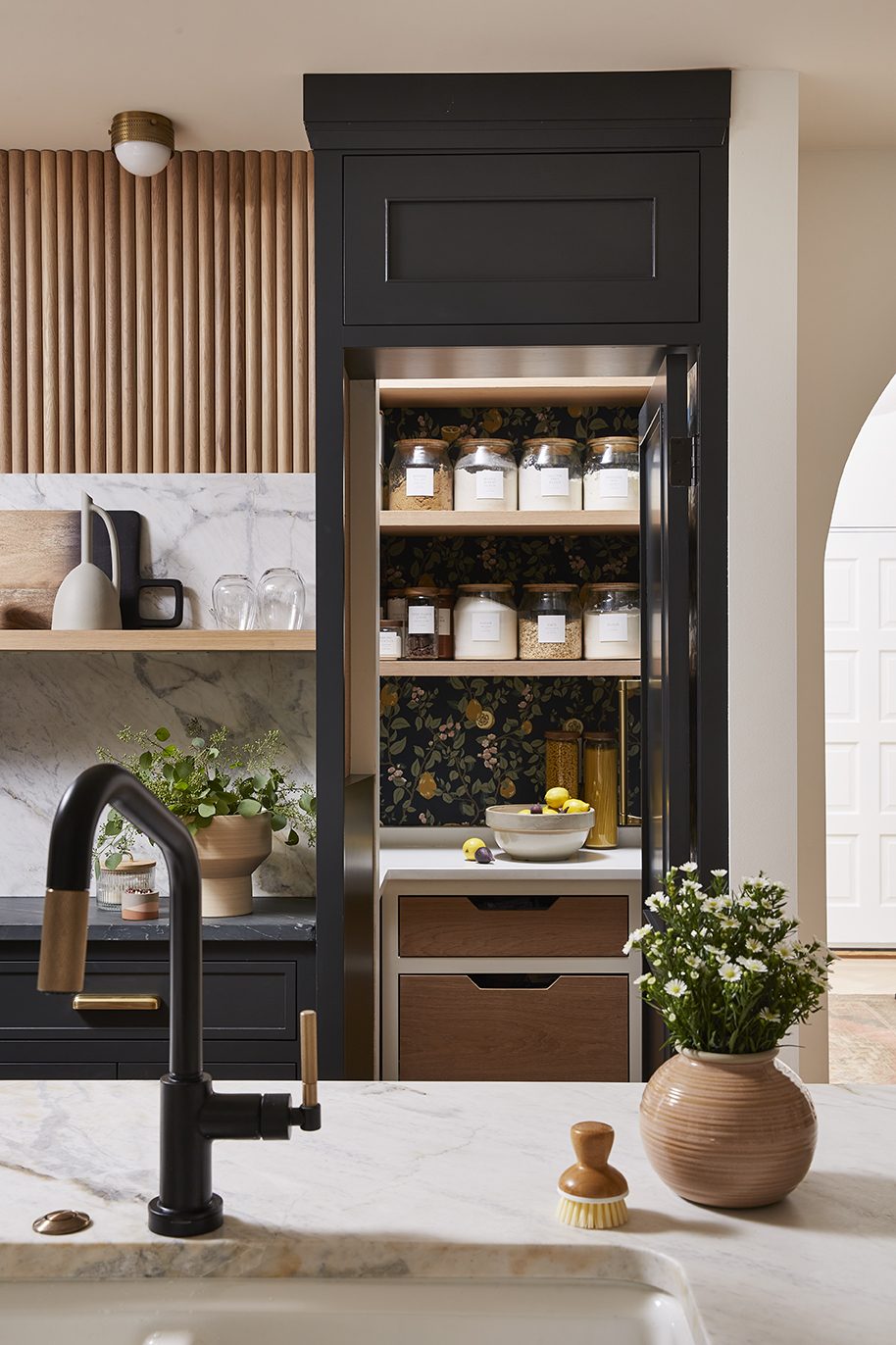 Black panelled pantry cabinet, open