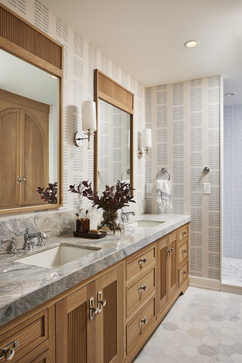 Wood inset bath vanity with marble top
